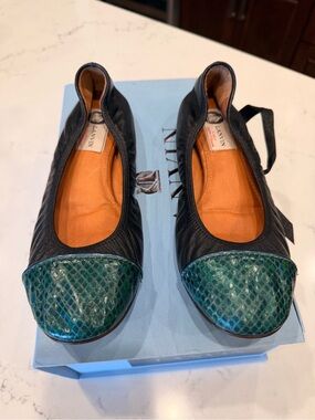 Lanvin Black Leather Ballet Flats with Green Teal Snakeskin Cap